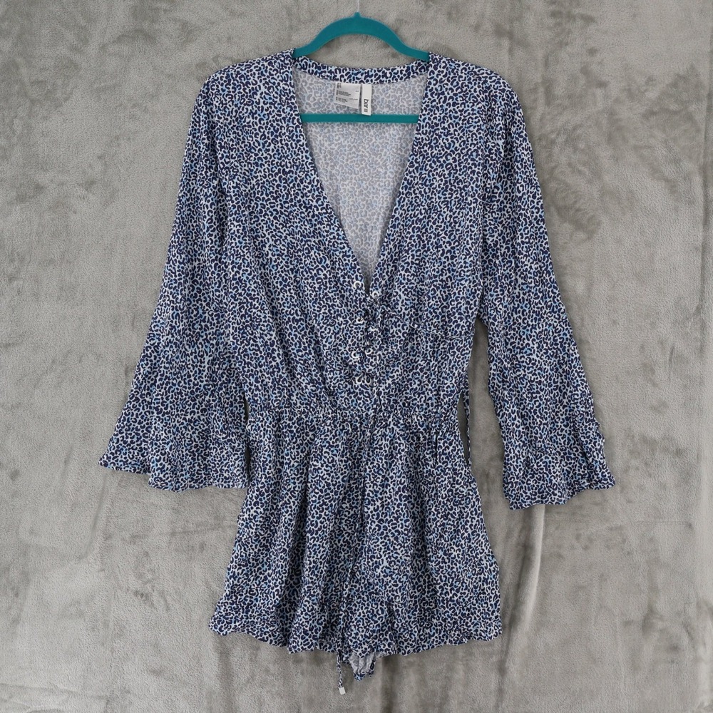 Bar III Romper Women Medium Blue Leopard Print V-Neck Bell Sleeve Resort NWT